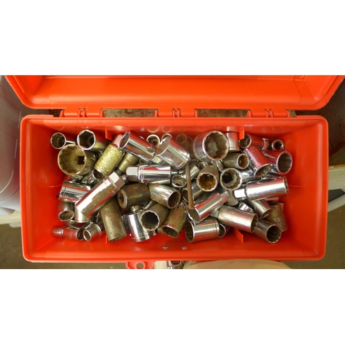 2135 - A plastic toolbox full of sockets, approximately 250 tools in a crate and a Clarke Strong Arm fire s... 