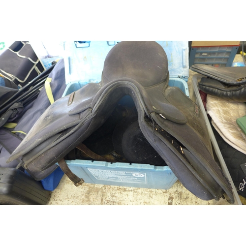 2137 - Horse riding saddles with four boxes of horse riding equipment