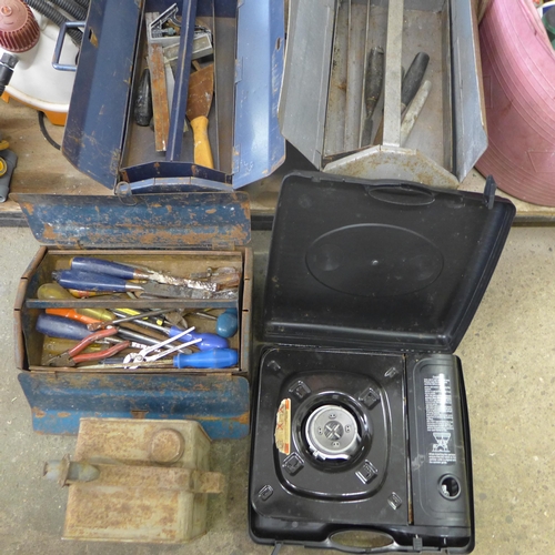 2172 - Three Metal tool boxes with approx. 150 hand tools and a red bucket of garden items