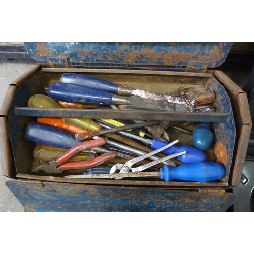 2172 - Three Metal tool boxes with approx. 150 hand tools and a red bucket of garden items