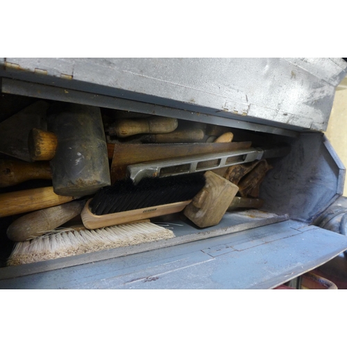 2172 - Three Metal tool boxes with approx. 150 hand tools and a red bucket of garden items