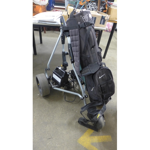 2289 - Powakaddy electric golf trolley with lite power charger plus Nike golf bag & Maxi battery