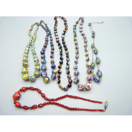 1003 - Five millefiori bead necklaces and one other necklace