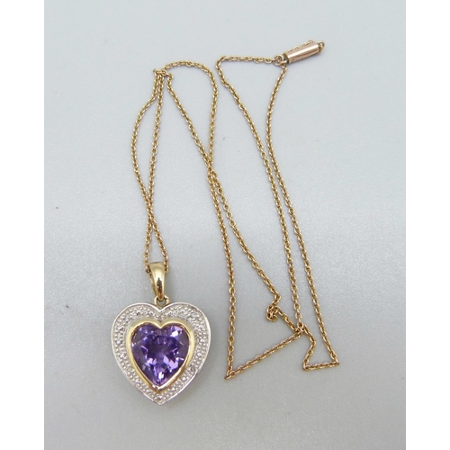 1025 - A 9ct gold, amethyst and diamond pendant and chain, 5.1g