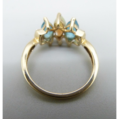 1027 - A 9ct gold, opal and topaz ring, 2.2g, N