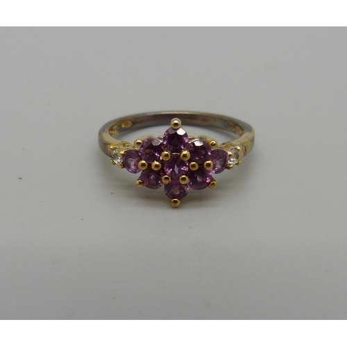 1039 - A silver gilt and rhodolite garnet cluster ring, Q