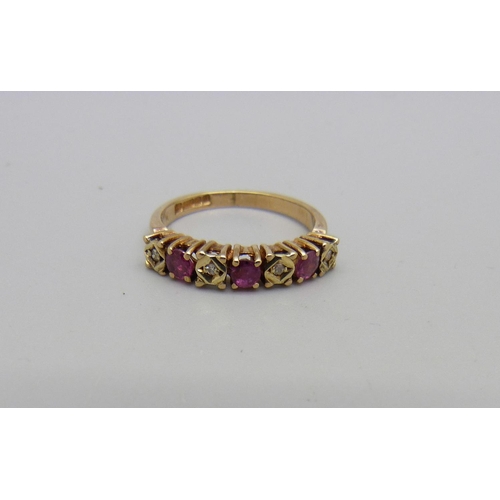 1049 - A 9ct gold, ruby and diamond ring, 2.1g, K