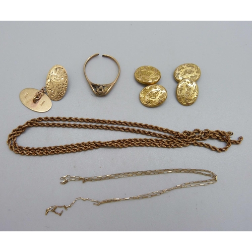 1054 - A 9ct gold ring, a/f, a single 9ct gold cufflink, two yellow metal chains, a/f, and a pair of yellow... 