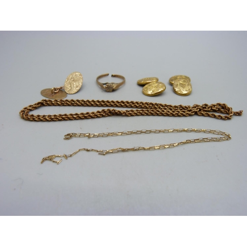 1054 - A 9ct gold ring, a/f, a single 9ct gold cufflink, two yellow metal chains, a/f, and a pair of yellow... 