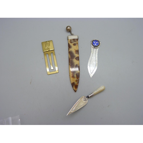 1061 - Two silver bookmarks including one Swedish with enamel, one other silver mounted marker and a gilt m... 