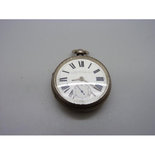 1065 - A silver pocket watch, John Swain & Co., Chester 1892, inner case with inscription