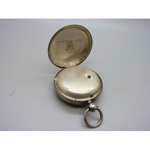 1065 - A silver pocket watch, John Swain & Co., Chester 1892, inner case with inscription