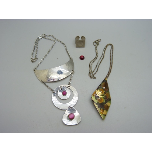 1068 - 1970's Moda stainless steel necklace, a ring and a signed 1970's pendant/brooch