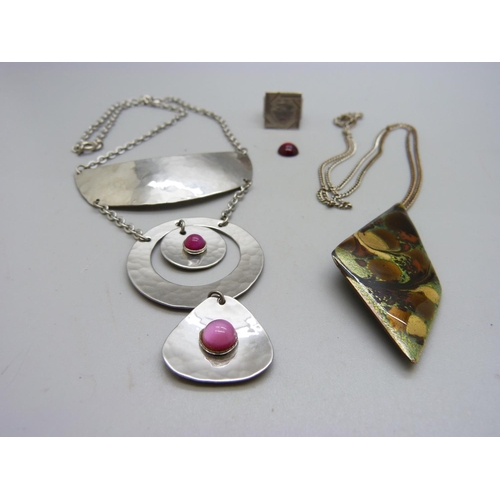 1068 - 1970's Moda stainless steel necklace, a ring and a signed 1970's pendant/brooch