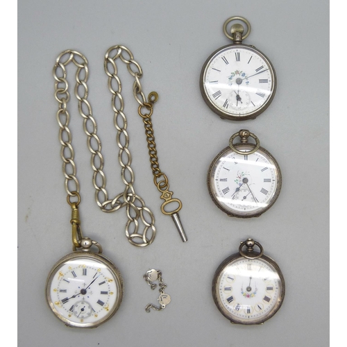 1081 - Four silver fob watches and a silver chain, one watch lacking case back