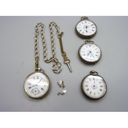 1081 - Four silver fob watches and a silver chain, one watch lacking case back