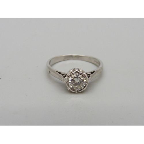 1086 - A solitaire diamond ring, approximately 0.58ct diamond weight, set in white metal, shank marked 925,... 