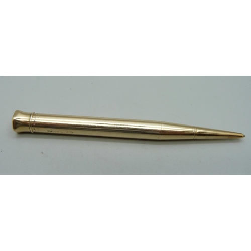 1087 - A 9ct gold Baker's Perm-Point pencil, hallmarked Birmingham 1928, 20g total weight, 103mm