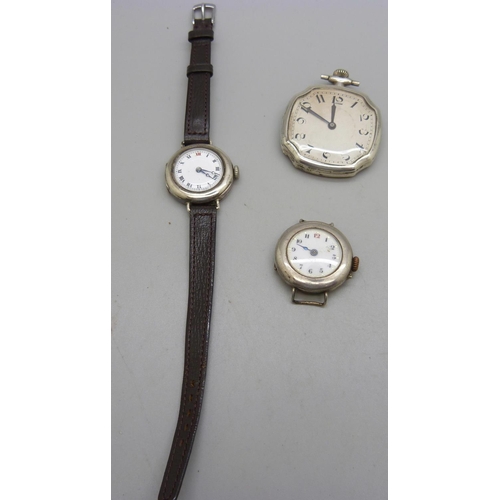 1088 - Two silver wristwatches and an Art Deco silver cased pocket watch with 38mm case