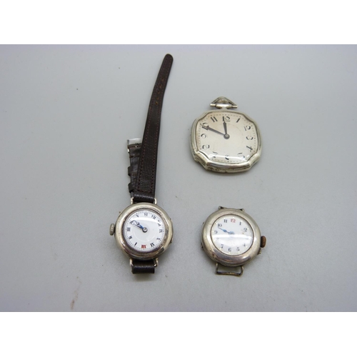 1088 - Two silver wristwatches and an Art Deco silver cased pocket watch with 38mm case