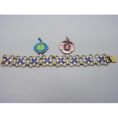 1089 - A silver and enamel bracelet and two silver enamel fobs