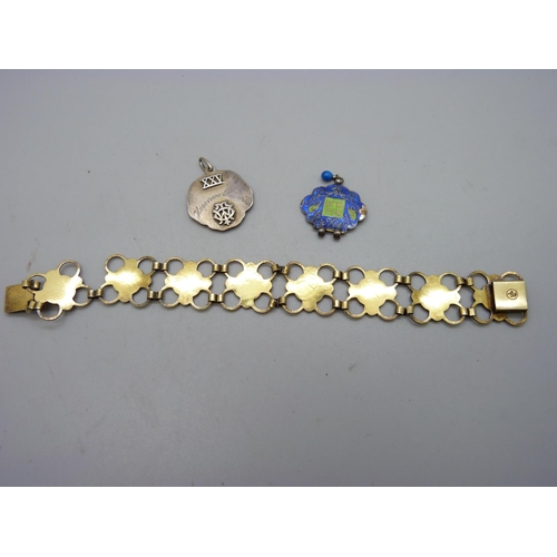 1089 - A silver and enamel bracelet and two silver enamel fobs