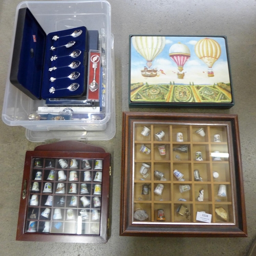 1116 - Two cases of collectors thimbles, souvenir spoons, place mats**PLEASE NOTE THIS LOT IS NOT ELIGIBLE ... 