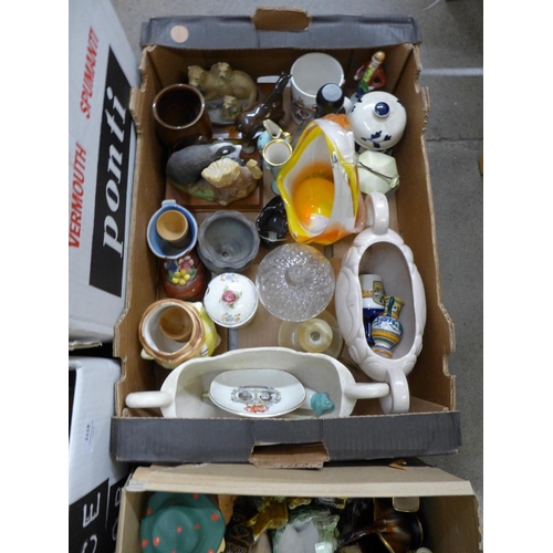 1118 - Four boxes of assorted decorative china, coloured glass, etc.**PLEASE NOTE THIS LOT IS NOT ELIGIBLE ... 