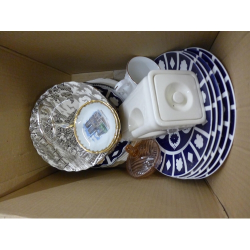 1118 - Four boxes of assorted decorative china, coloured glass, etc.**PLEASE NOTE THIS LOT IS NOT ELIGIBLE ... 