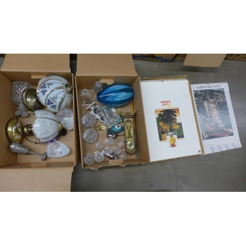 1123 - Two boxes of assorted items including touch lamps, glassware and other decorative items and three gl... 