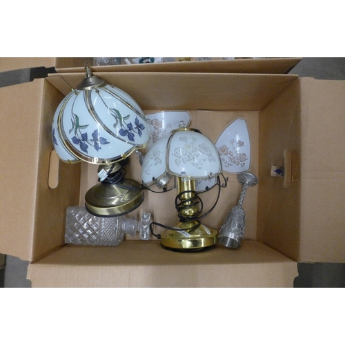 1123 - Two boxes of assorted items including touch lamps, glassware and other decorative items and three gl... 