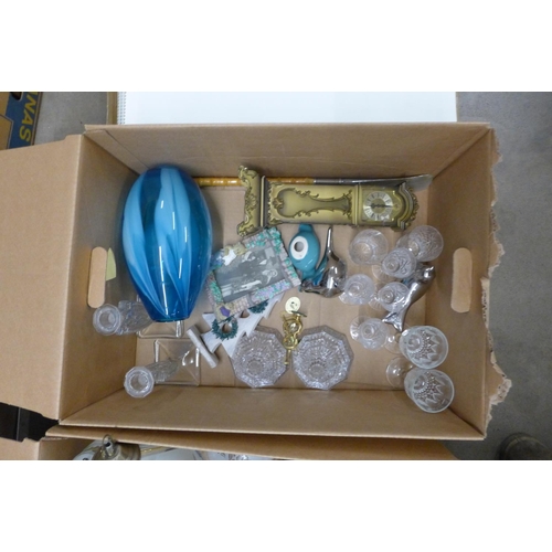 1123 - Two boxes of assorted items including touch lamps, glassware and other decorative items and three gl... 