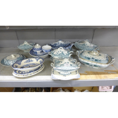 1130 - Six Staffordshire vegetable dishes and covers, one with ladle, and a collection of blue and white ch... 