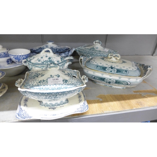 1130 - Six Staffordshire vegetable dishes and covers, one with ladle, and a collection of blue and white ch... 