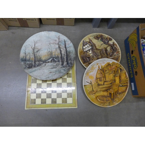 1148 - Two boxes of mixed china, glassware, large plates and a chessboard and pieces, a/f, a lamp and Chine... 