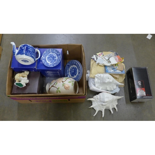 1149 - Two boxes of WCI London Collection crystal wine glasses, a Cristal d'arques decanter, a shell, a cer... 