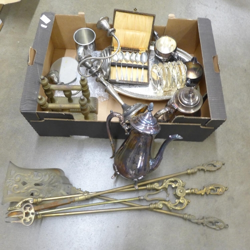 1154 - Metalware; fire irons, fire dogs, a plated tea service, etc.**PLEASE NOTE THIS LOT IS NOT ELIGIBLE F... 