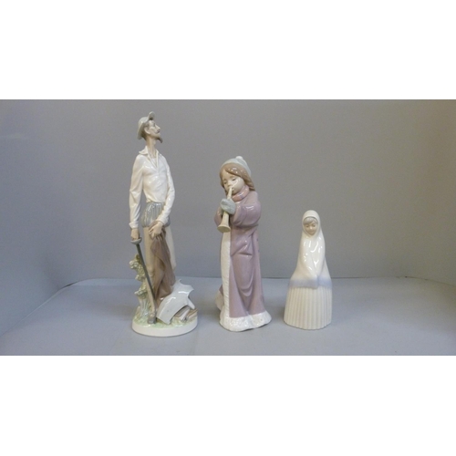 605 - A Lladro figure of Don Quixote, sword a/f and a Lladro figure of a girl with musical instrument and ... 