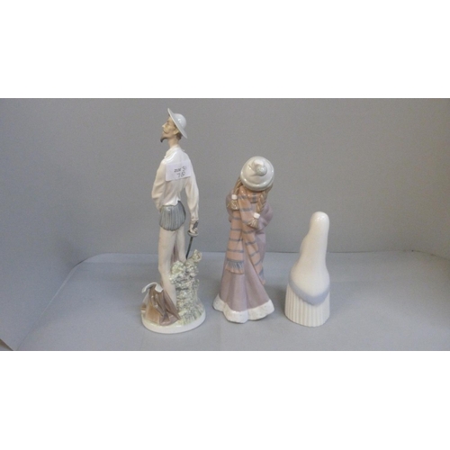 605 - A Lladro figure of Don Quixote, sword a/f and a Lladro figure of a girl with musical instrument and ... 