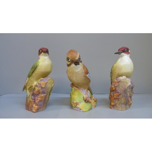 607 - Three Royal Worcester figures, two Woodpecker 3249 and Jay 3248