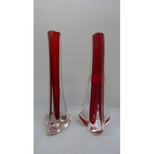 610 - Two Whitefriars glass vases, tri-corn cased in ruby, Geoffrey Baxter 1957/1965, 24.5cm