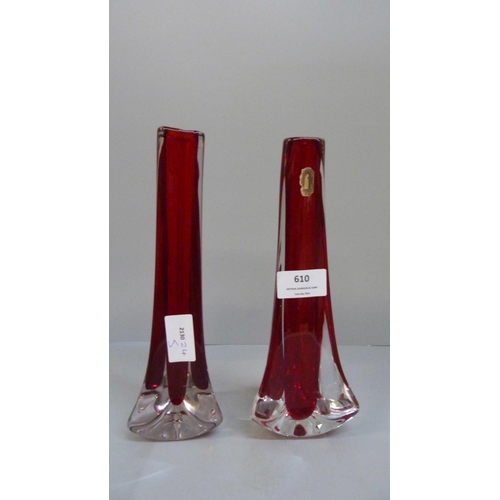 610 - Two Whitefriars glass vases, tri-corn cased in ruby, Geoffrey Baxter 1957/1965, 24.5cm