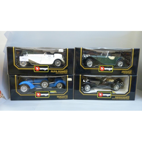 612 - Four Burago model vehicles, boxed