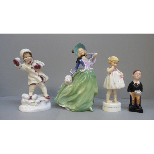 626 - Four figures; Royal Worcester figure December, Only Me, Royal Doulton Autumn Breezes and Oliver Twis... 