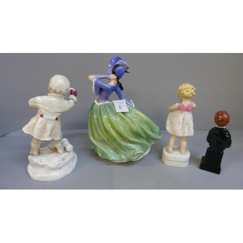 626 - Four figures; Royal Worcester figure December, Only Me, Royal Doulton Autumn Breezes and Oliver Twis... 