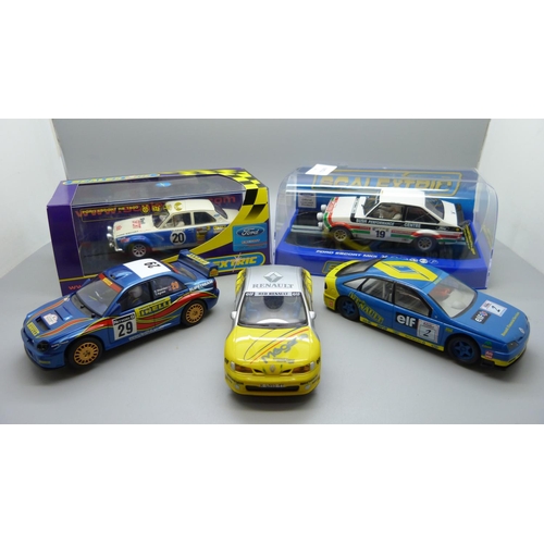 636 - Five Rally Scalextric cars, two boxed