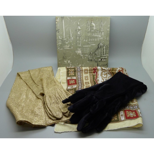 653 - A Harrods Italian silk scarf and two pairs of evening gloves