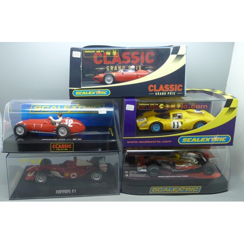 657 - Five F1 and Racing Scalextric cars, boxed