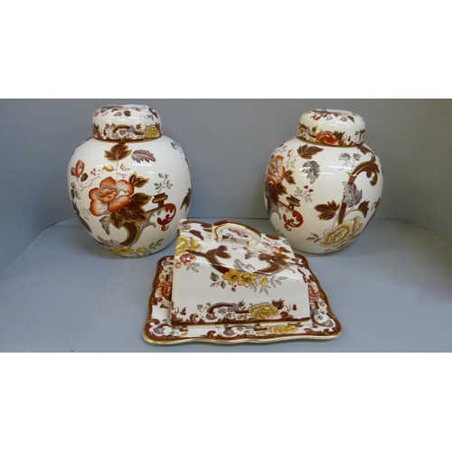 672 - A pair of Mason's Brown Velvet ginger jars and a butter dish