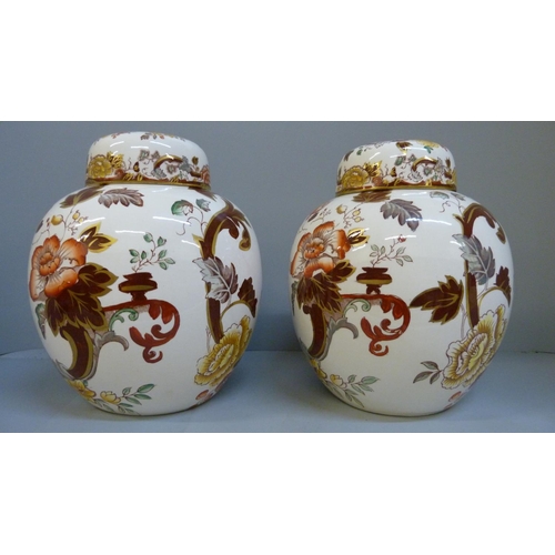 672 - A pair of Mason's Brown Velvet ginger jars and a butter dish